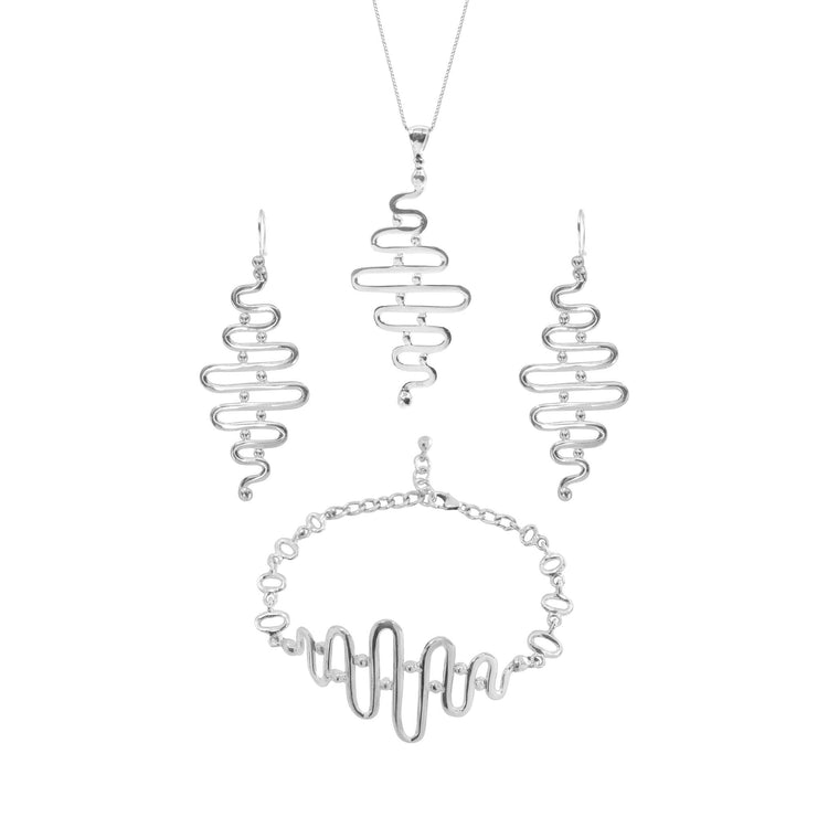 The Team Work Pendant by Kaora Sandara Jewelry is a Sterling Silver 925 set including a necklace, earrings, and bracelet with a modern wavy abstract design and crystal accents, elegantly displayed on a white background.