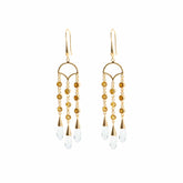 Kaora Sandara Jewelry's Abundance Flow Earhooks feature sterling silver and gold-plating, three vertical chains with gold beads, and teardrop crystal and citrine accents—perfect for elevating your style. Displayed on a white background.