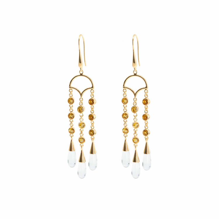 Kaora Sandara Jewelry's Abundance Flow Earhooks feature sterling silver and gold-plating, three vertical chains with gold beads, and teardrop crystal and citrine accents—perfect for elevating your style. Displayed on a white background.