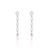 Silver Earstuds Connection with Guides Crystal & Rose Quartz by Kaora Sandara Jewelry feature round rose quartz, silver links, and a teardrop pale pink stone—ideal for spiritual evolution. Displayed on a white background.