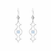 The Quantum Shift NEW Earhooks by Kaora Sandara Jewelry feature sterling silver dangles with ornate geometric designs and central pale blue Chalcedony stones, believed to promote healing. Size S.