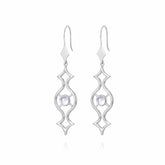 Kaora Sandara Jewelry's Quantum Shift NEW earrings in Sterling Silver 925 feature an abstract openwork design and a central round crystal gemstone, shown on a white background, size S.