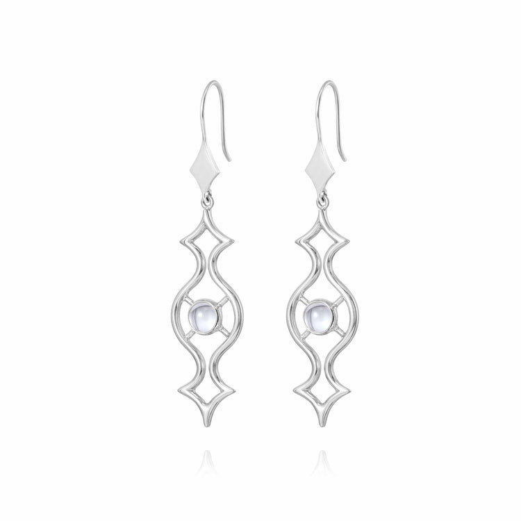 Kaora Sandara Jewelry's Quantum Shift NEW earrings in Sterling Silver 925 feature an abstract openwork design and a central round crystal gemstone, shown on a white background, size S.