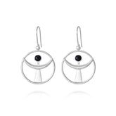 The Releasing From the Deepest Fears Earhooks by Kaora Sandara Jewelry are size L sterling silver earrings with black agate and crescent shapes, symbolizing overcoming fears. Displayed on a white background.