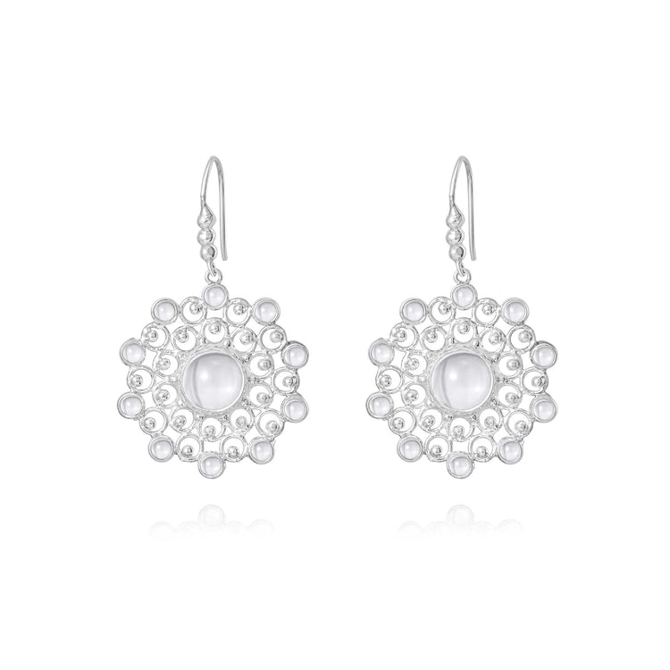 The Purity Earhooks by Kaora Sandara Jewelry are small Sterling Silver 925 dangle earrings with intricate circular lace-like designs and a central transparent crystal, shown on a white background.