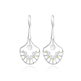 Kaora Sandara Jewelry’s Body Relaxation Earhooks feature an open fan design in sterling silver, set with crystal, chalcedony, and peridot for balanced energy flow—elegant hooks provide both style and soothing relaxation.