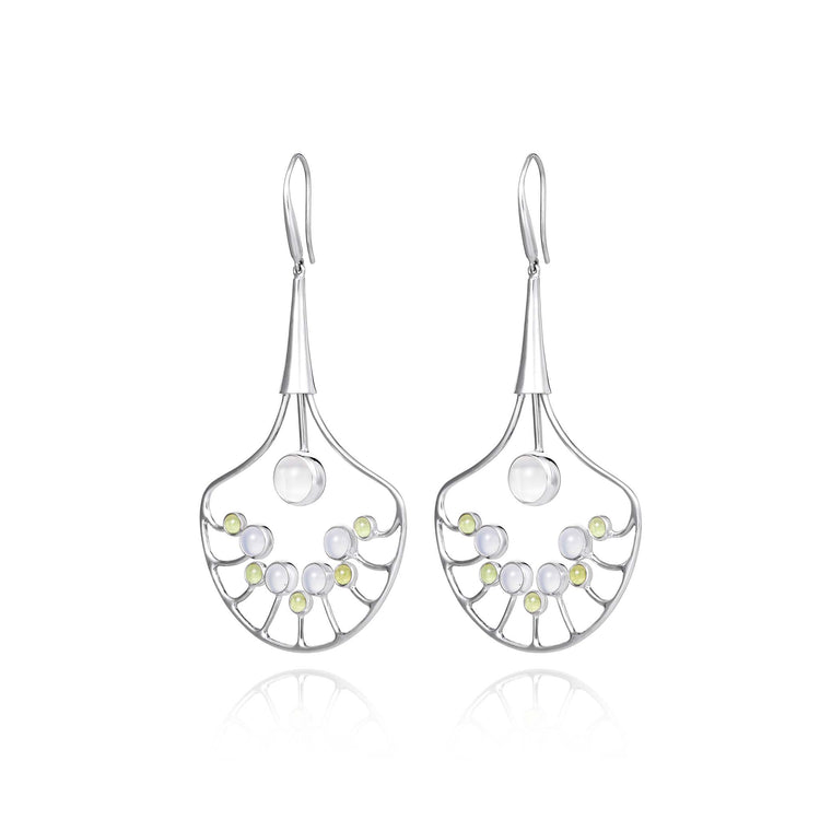 Kaora Sandara Jewelry’s Body Relaxation Earhooks feature an open fan design in sterling silver, set with crystal, chalcedony, and peridot for balanced energy flow—elegant hooks provide both style and soothing relaxation.