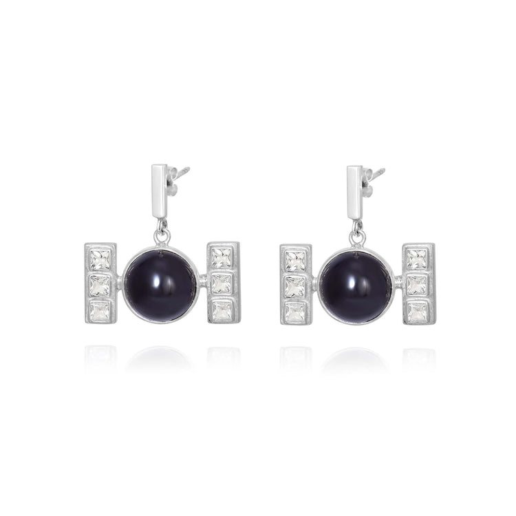 Kaora Sandara Jewelry’s Silver Earhooks Health Formula features sterling silver drop earrings with a central round Black Agate and three square crystals on each side, creating a geometric, modern look with secure earhooks.
