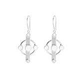 Kaora Sandara Jewelry's Inner Clarity Earhooks feature Sterling Silver 925 with crystal gemstones in circular and geometric shapes, including a central round stone, two side stones, and a diamond-shaped detail.