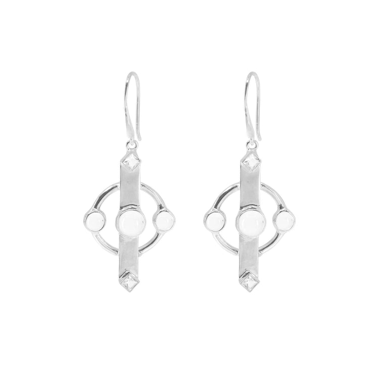 Kaora Sandara Jewelry's Inner Clarity Earhooks feature Sterling Silver 925 with crystal gemstones in circular and geometric shapes, including a central round stone, two side stones, and a diamond-shaped detail.