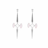 The Life as Art Earstuds by Kaora Sandara Jewelry feature sterling silver, geometric shapes, and pink Rose Quartz with sparkling crystal accents above and below a central circular design.