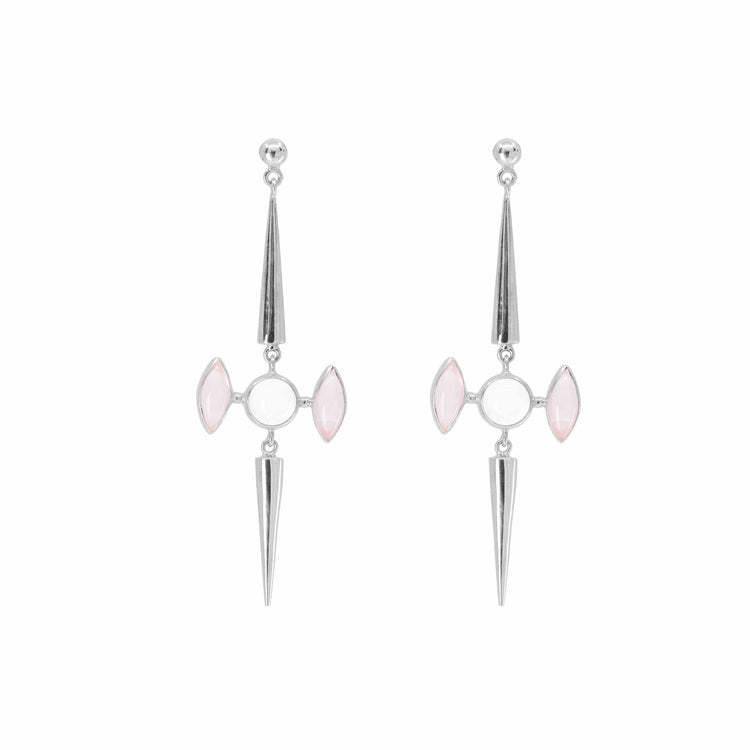 The Life as Art Earstuds by Kaora Sandara Jewelry feature sterling silver, geometric shapes, and pink Rose Quartz with sparkling crystal accents above and below a central circular design.