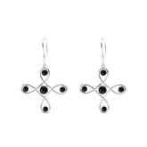 Kaora Sandara Jewelry's Programs Clearing Earhooks are sterling silver dangle earrings with a looping cross design and four black agate accents on each, set against a white background.
