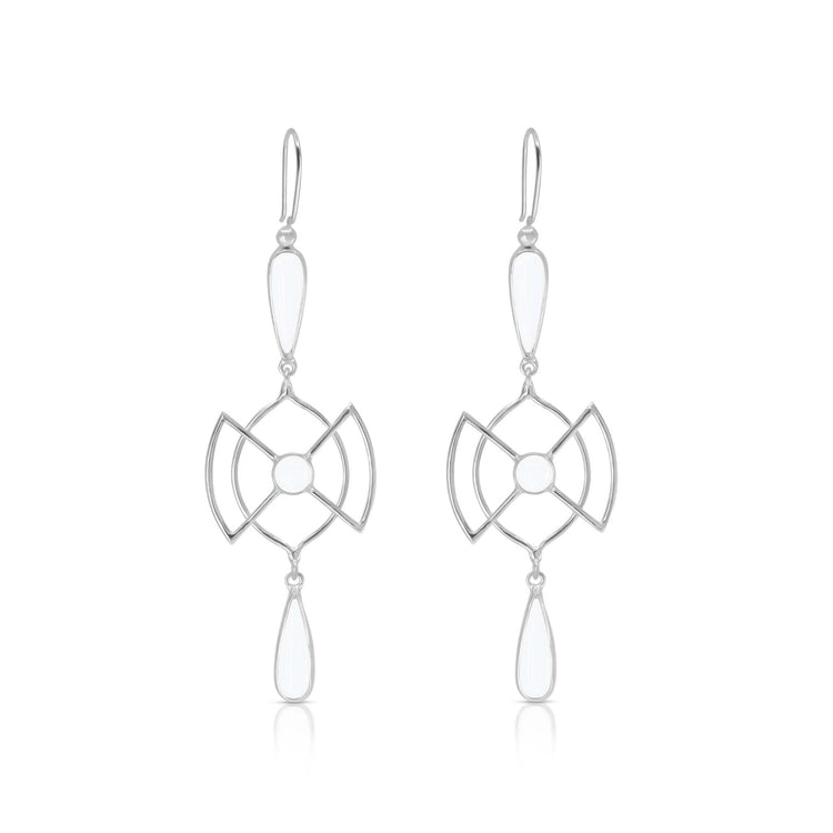 Discover the Silver Earhooks Soul Guidance – Crystal Gemstone by Kaora Sandara Jewelry: long 925 sterling silver dangle earrings with geometric openwork circles and teardrop accents, adorned with sparkling rhinestone crystals.