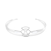 The Soul Guidance Headband by Kaora Sandara Jewelry features a sterling silver geometric openwork design with intersecting curves, a central circle, and sparkling crystal accents.