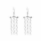 The Magic Path Earhooks by Kaora Sandara Jewelry are sterling silver 925 dangle earrings featuring crystal gemstones and three chains of linked circles hanging from an arched base, each tipped with a delicate spiral design.