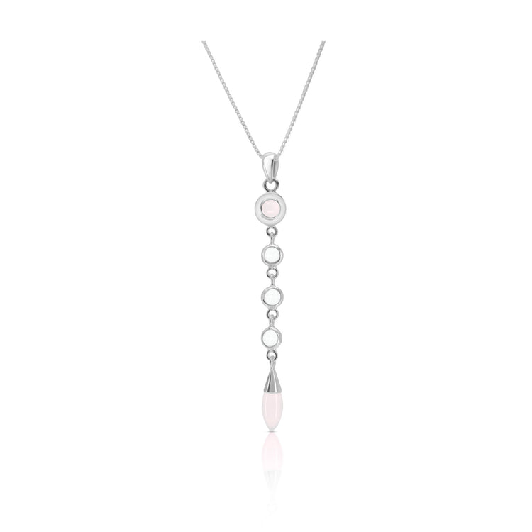 The Connection with Guides Pendant by Kaora Sandara Jewelry is a sterling silver necklace featuring crystal and rose quartz accents—an elegant piece that symbolizes spiritual evolution.