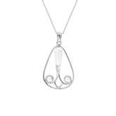 The Kaora Sandara Jewelry Self-Worth Pendant features a sterling silver teardrop frame with swirls and a central white crystal, suspended from a delicate chain.