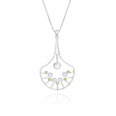 The Body Relaxation Pendant by Kaora Sandara Jewelry is crafted in sterling silver with a fan-shaped open wire design, featuring crystal, chalcedony, and peridot gems on a fine chain.