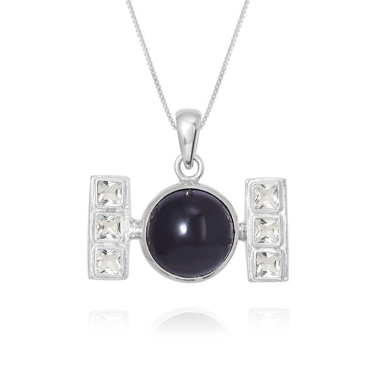 The Health Formula Pendant by Kaora Sandara Jewelry features sterling silver, a central round black agate, and two silver bars with three square crystals each, all on a fine chain and shown against a white background.