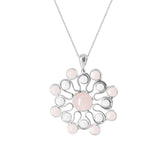 The Source of Love Pendant by Kaora Sandara Jewelry features a sterling silver setting with a central rose quartz, twelve matching stones, and crystal accents in an elegant circular design.