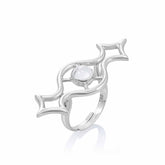 The Quantum Shift NEW Ring by Kaora Sandara Jewelry features a Sterling Silver 925 geometric wavy design with pointed ends and a central round rhinestone crystal. Displayed on a plain white background. Size S.