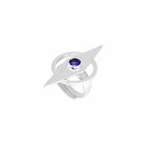 The Intuition Ring by Kaora Sandara Jewelry features an angular sterling silver 925 design with a central circular amethyst gemstone, photographed against a white background.