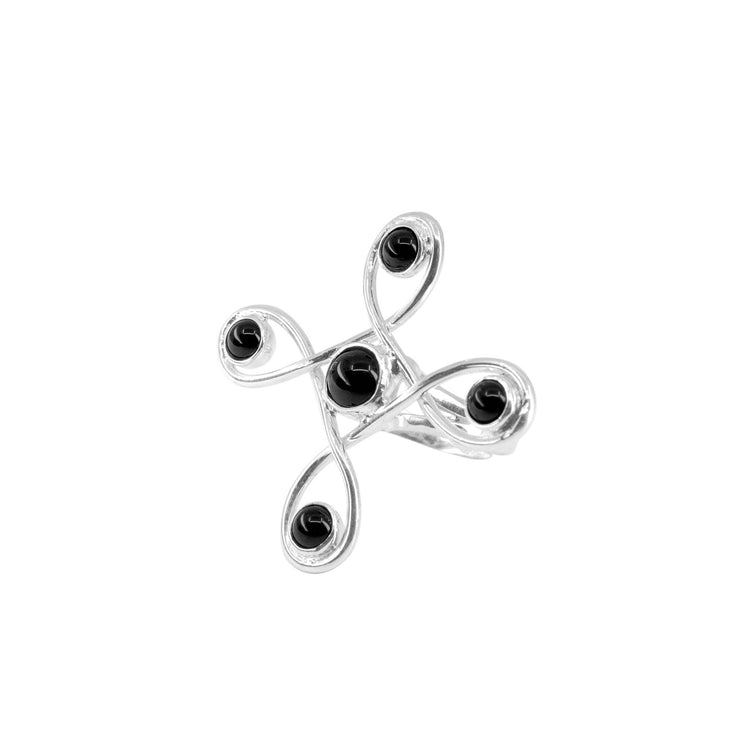 The Kaora Sandara Jewelry Programs Clearing Ring features Sterling Silver 925 with an intricate swirl design, adorned with five round Black Agate stones set at the center and loop ends, against a white background.