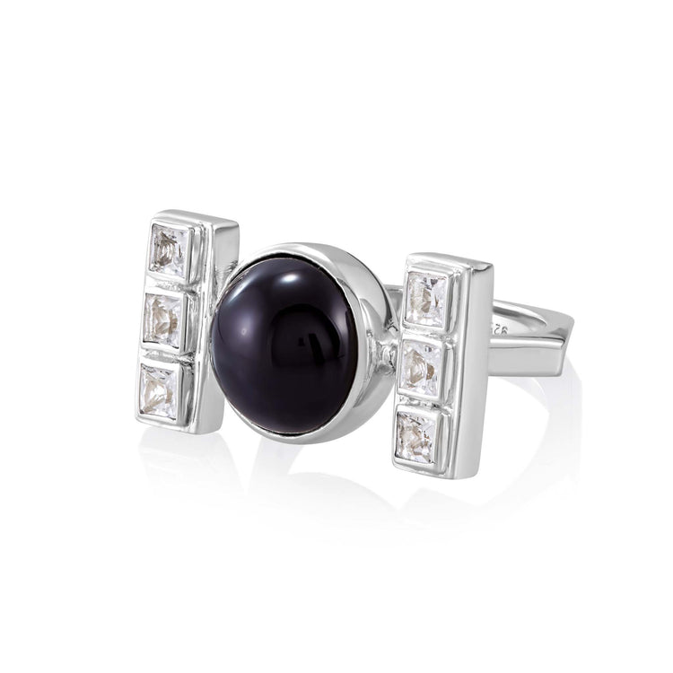The Health Formula Ring by Kaora Sandara Jewelry is crafted in sterling silver 925, showcasing a central round black agate and two rectangular sections, each adorned with three square clear crystals.