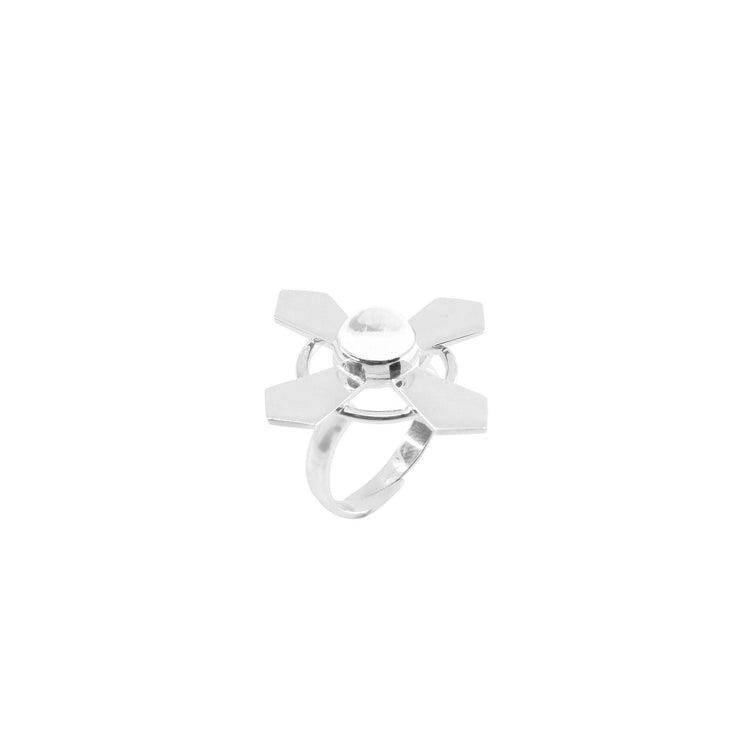 The Power's Activation Ring by Kaora Sandara Jewelry is a Sterling Silver 925 ring with a geometric cross design and central round crystal, shown on a white background.