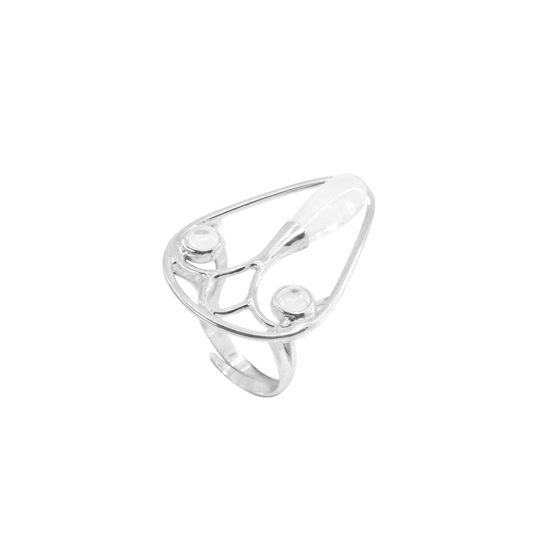The Self-Worth Ring by Kaora Sandara Jewelry features an abstract, open Sterling Silver 925 design with two round settings, a teardrop accent, sparkling crystals, and a shiny adjustable band.