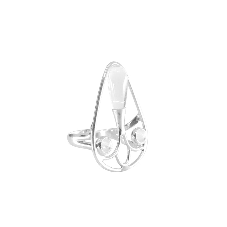 The Self-Worth Ring by Kaora Sandara Jewelry features an abstract openwork teardrop design in Sterling Silver 925, accented with geometric details and a sparkling crystal, shown against a white background.