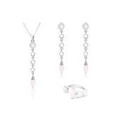 The Connection with Guides Pendant by Kaora Sandara Jewelry features sterling silver with crystal and Rose Quartz accents, designed in circular and teardrop shapes to inspire spiritual evolution.