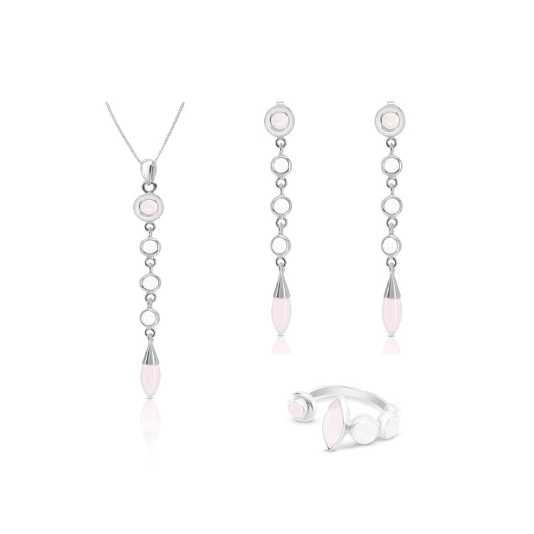 The Connection with Guides Pendant by Kaora Sandara Jewelry features sterling silver with crystal and Rose Quartz accents, designed in circular and teardrop shapes to inspire spiritual evolution.