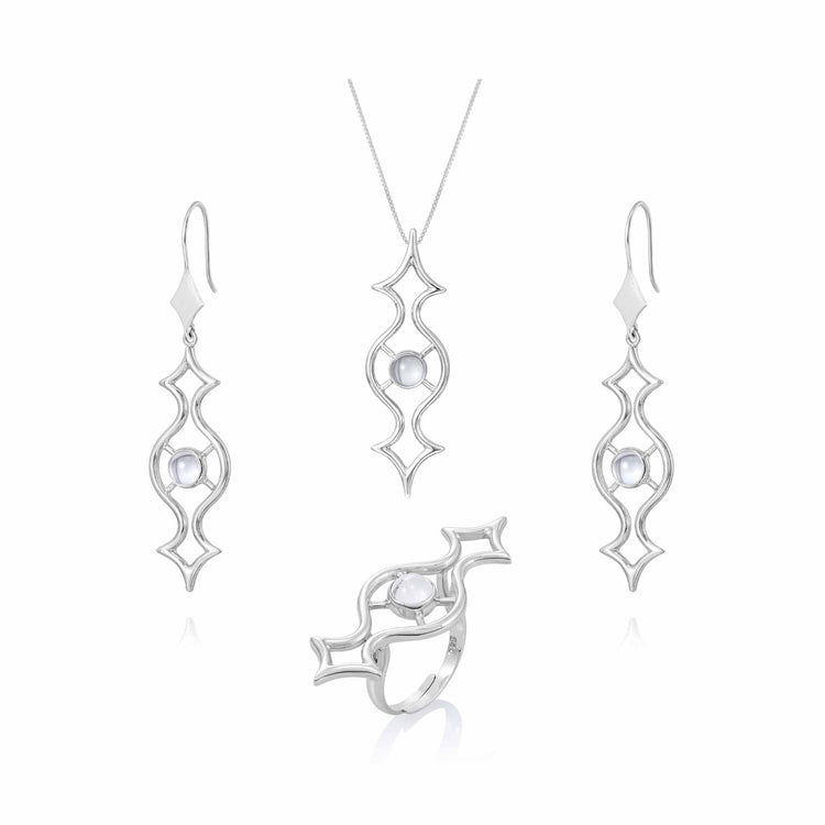 The Quantum Shift NEW jewelry set by Kaora Sandara Jewelry features Sterling Silver pieces with crystal gemstones, size S. This matching set includes a pendant necklace, dangle earrings, and a ring displayed on a white background.