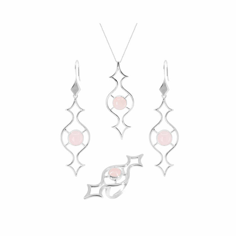 A jewelry set from Kaora Sandara Jewelry features a necklace, earrings, and the Quantum Shift NEW Ring in Sterling Silver 925 with round Rose Quartz gemstones, displayed on a white background.
