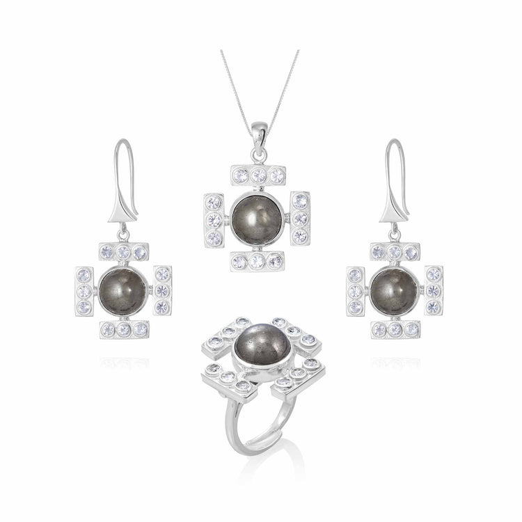The Confidence Earhooks by Kaora Sandara Jewelry are sterling silver earrings with Pyrite and crystal accents, featuring dark round stones and square rhinestone details, elegantly displayed on a white background.