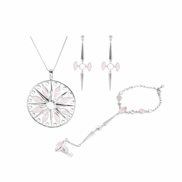 The Life as Art Hand Chain by Kaora Sandara Jewelry features Sterling Silver 925, crystal and rose quartz accents in geometric designs, and matches with a circular pendant necklace and long earrings for a complete jewelry set.