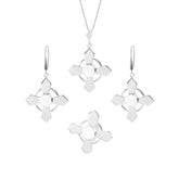 The Kaora Sandara Jewelry Power's Activation Pendant set features sterling silver necklace and earrings, each with a geometric four-pointed star and circular crystal center, arranged on a white background.