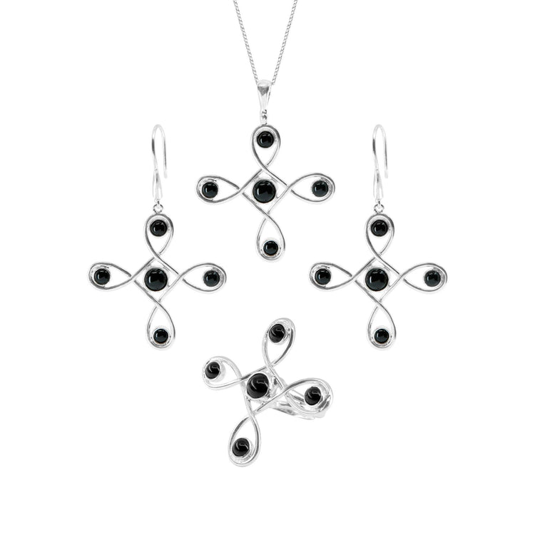 The Programs Clearing Pendant by Kaora Sandara Jewelry features Sterling Silver 925 with Black Agate, showcasing elegant swirling openwork. The design is set against a white background.