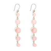 The Harmony Earhooks by Kaora Sandara Jewelry feature five round pale pink Rose Quartz gemstones set in sterling silver, arranged vertically from small to large to small, and finished with hooks for easy wear.