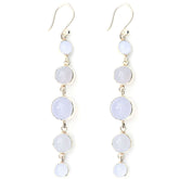 The Harmony Earhooks by Kaora Sandara Jewelry feature five round, pale blue chalcedony stones in descending size, set in sterling silver and linked vertically for a delicate, balanced look.
