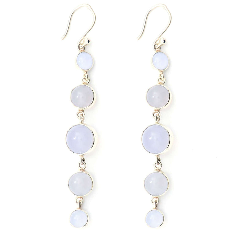 The Harmony Earhooks by Kaora Sandara Jewelry feature five round, pale blue chalcedony stones in descending size, set in sterling silver and linked vertically for a delicate, balanced look.