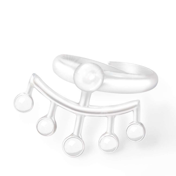 The Silver Ring Wings with Crystal Sphere Gemstone by Kaora Sandara Jewelry is a modern sterling silver 925 ring featuring a central crystal sphere and an arc with five smaller beads suspended beneath.