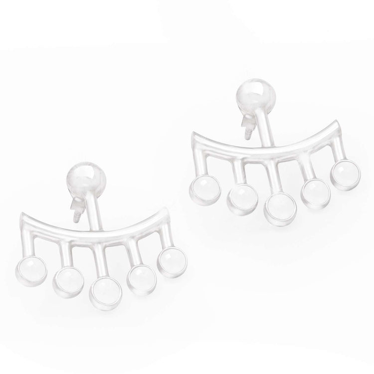 A pair of clear, plastic earring holders with a semicircle design and five loops—ideal for displaying Kaora Sandara Jewelry’s Silver Earstuds Wings with Crystal Sphere Gemstone.