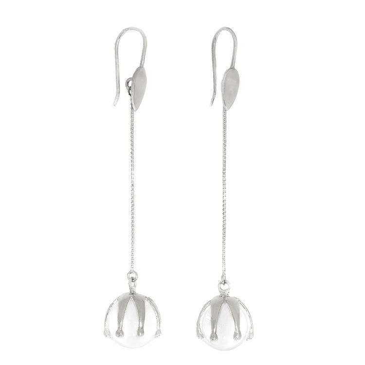 The I'M A Queen Earhooks by Kaora Sandara Jewelry are sterling silver drop earrings with delicate chains and three-prong-set crystal spheres, blending elegance and subtle healing properties.