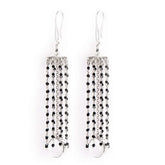 The Hidden Gem Earhooks by Kaora Sandara Jewelry feature long sterling silver 925 earrings with multiple strands of small black spinel beads and a single transparent crystal at the bottom, shown on a white background.