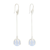 The I'M A Queen Earhooks by Kaora Sandara Jewelry feature slender sterling silver chains with round light blue chalcedony beads in crown-like settings—elegant gemstone earrings perfect for any occasion.