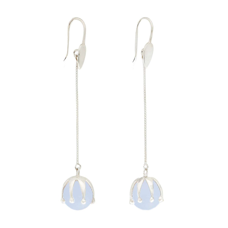 The I'M A Queen Earhooks by Kaora Sandara Jewelry feature slender sterling silver chains with round light blue chalcedony beads in crown-like settings—elegant gemstone earrings perfect for any occasion.
