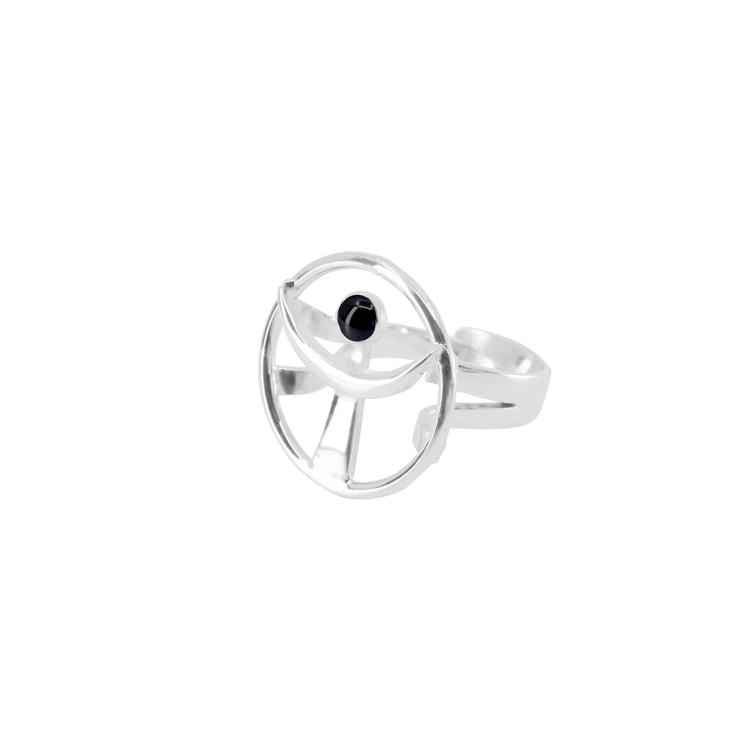The "Releasing From the Deepest Fears Ring" by Kaora Sandara Jewelry is a modern Sterling Silver 925 ring, size L, featuring an open circular design and a single black agate gemstone, shown on a white background.
